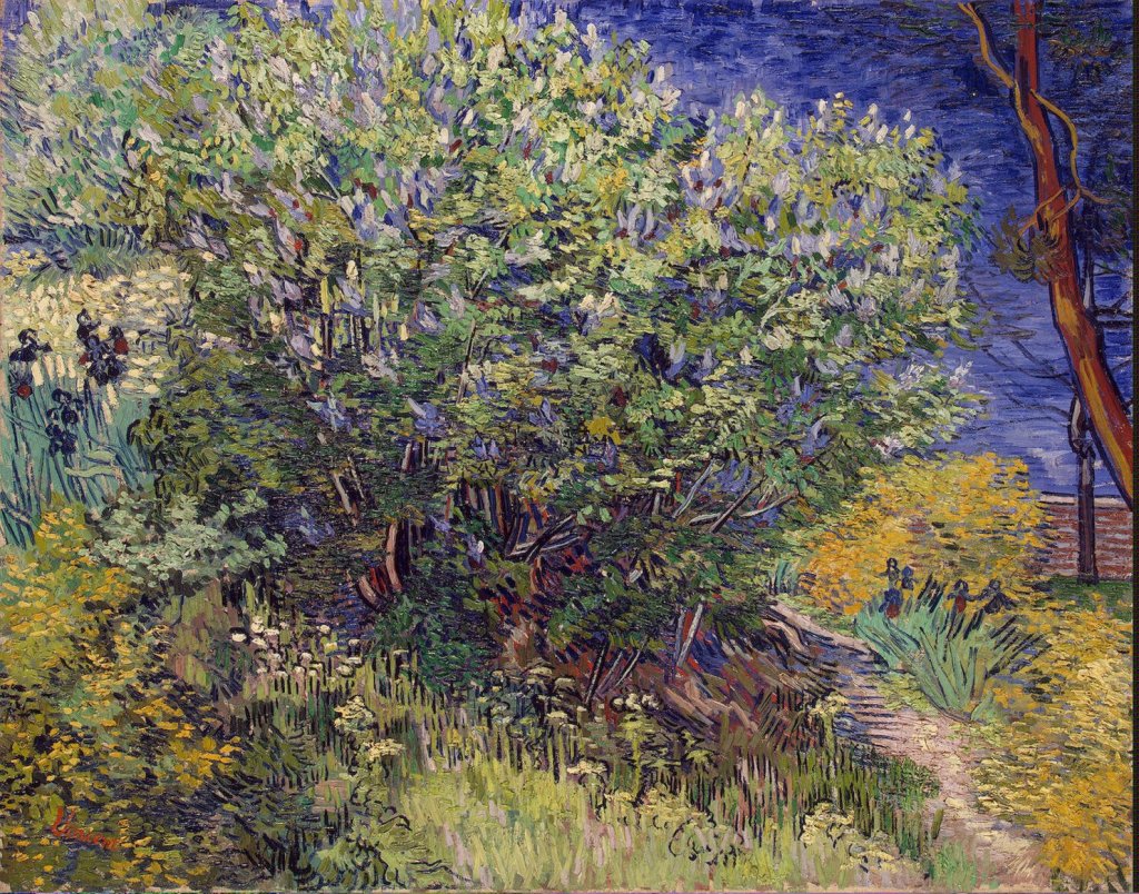 A vibrant painting of lush greenery and blooming bushes under a blue sky, with a winding path and shadowy figures in the background.
